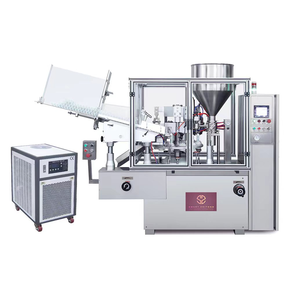 plastic tube filling and sealing machine small chiller for cooling heating part for best sealing tube tail . PLC touch screen 